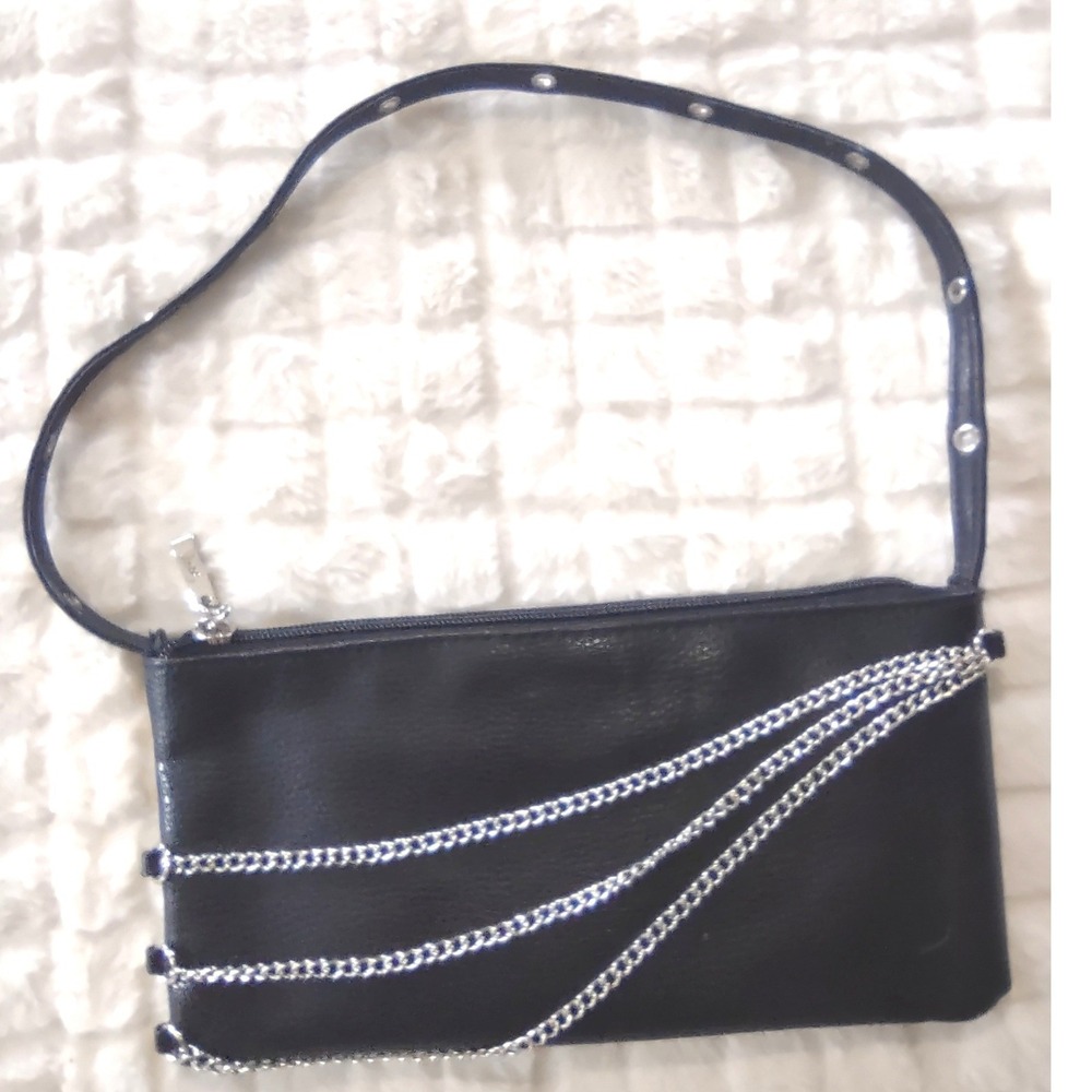 Jazzi Black Faux‎ Leather Triple Chain Shoulder Bag Baguette Purse Goth Edgy